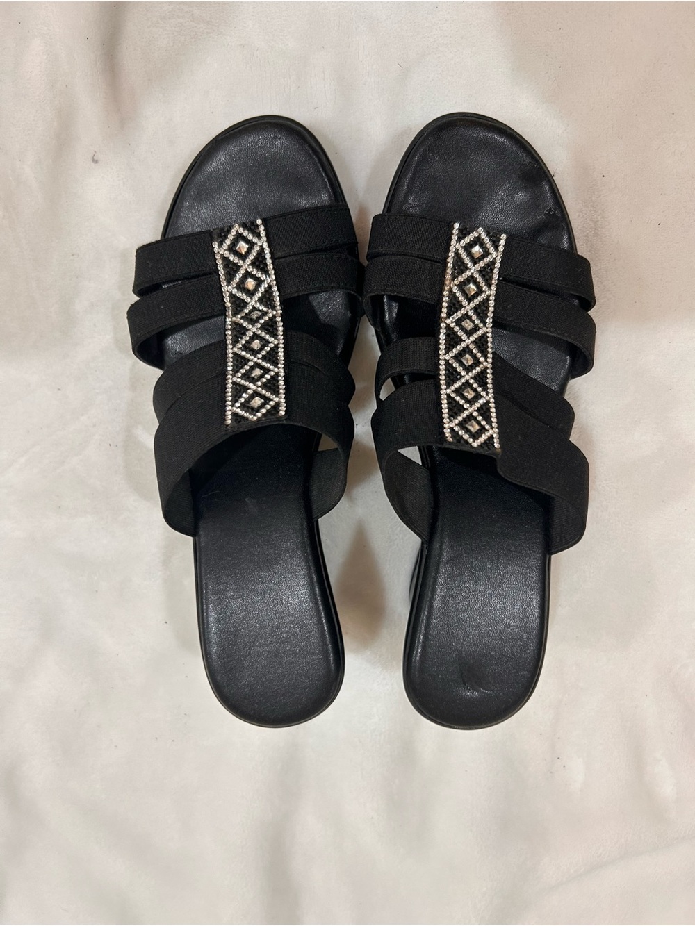 Women's Black Slide Sandals with Crystal Accent